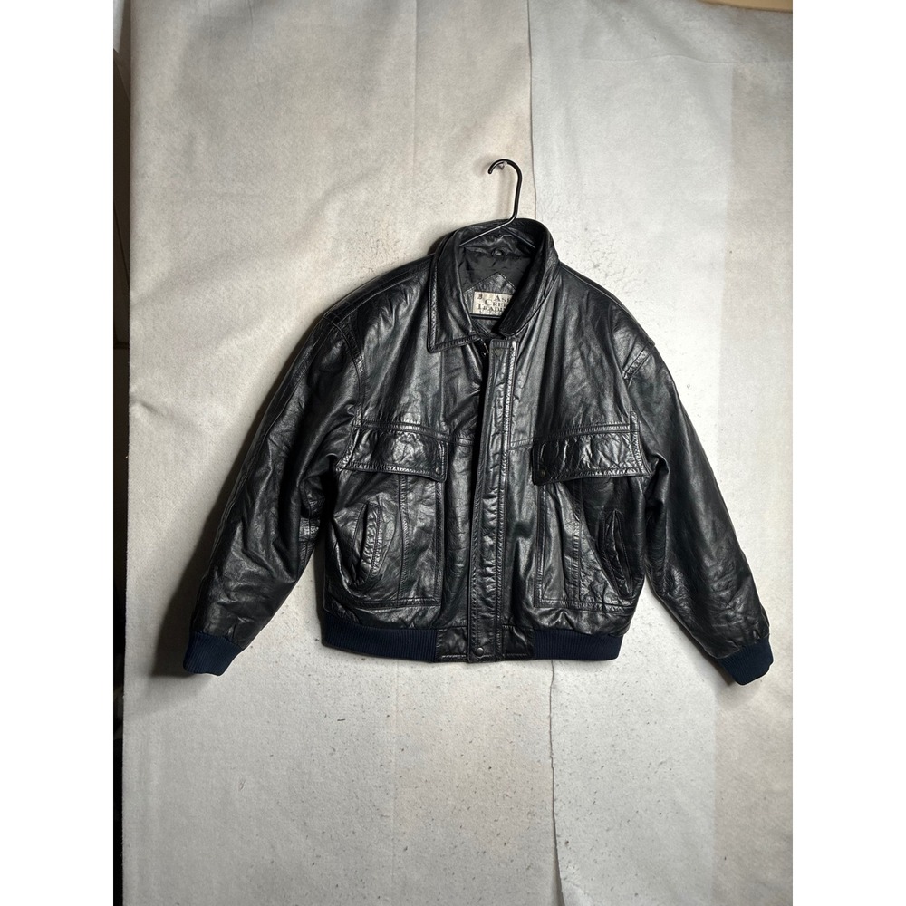 Ash Creek Trading Mens Black Leather Bomber Jacket Vintage Zip Up Large